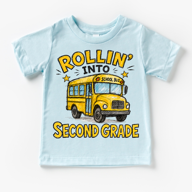 Rollin’ Into Second Grade School Bus Kids Graphic Tee, Back To School Shirt for Boys and Girls