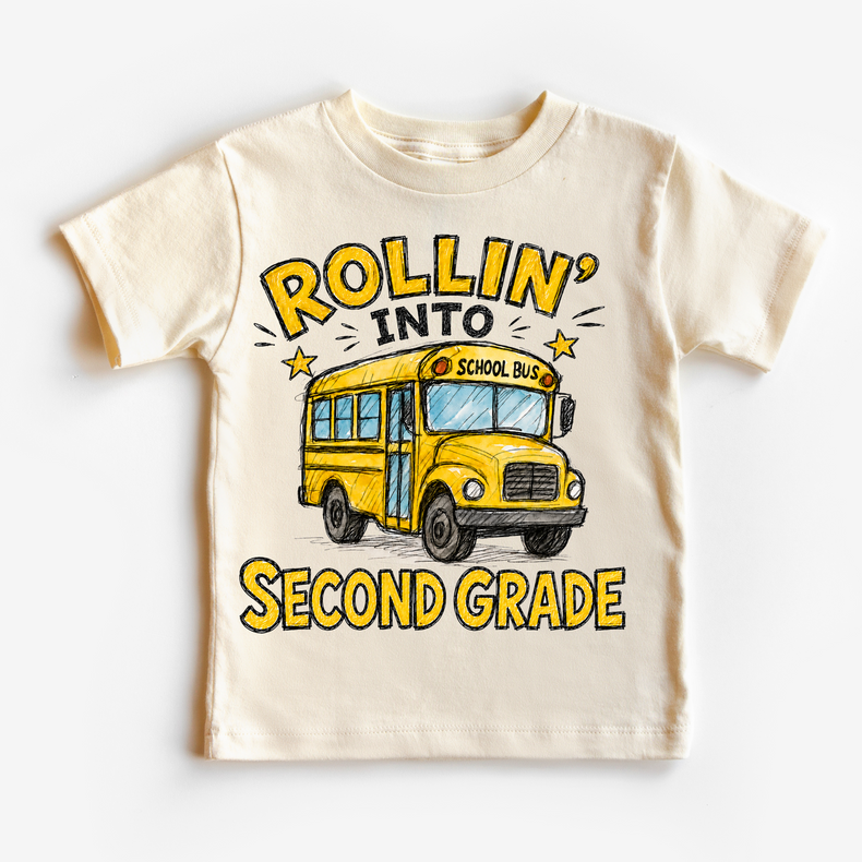 Rollin’ Into Second Grade School Bus Kids Graphic Tee, Back To School Shirt for Boys and Girls