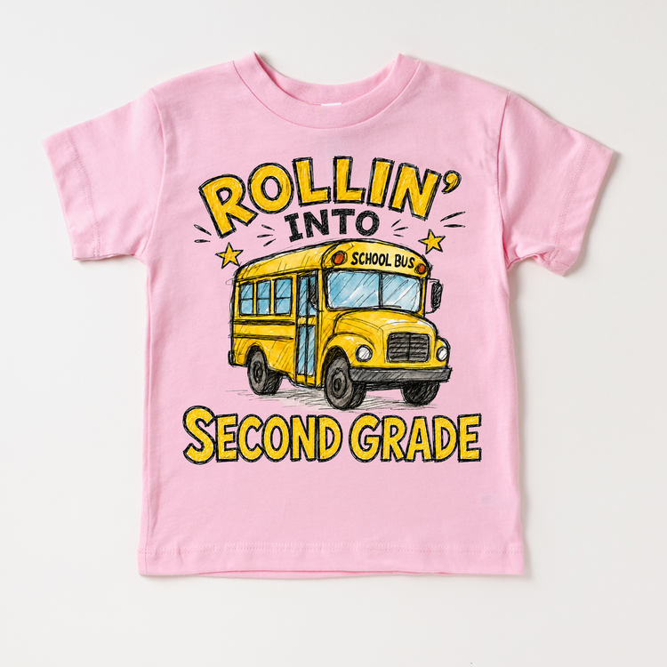 Rollin’ Into Second Grade School Bus Kids Graphic Tee, Back To School Shirt for Boys and Girls