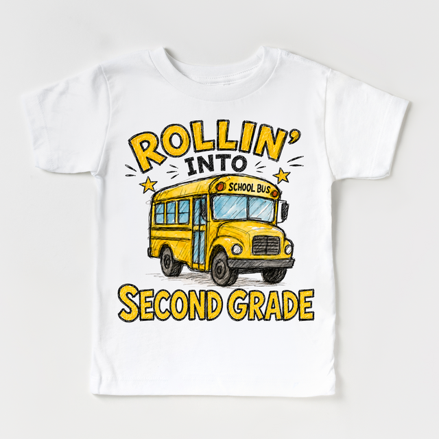 Rollin’ Into Second Grade School Bus Kids Graphic Tee, Back To School Shirt for Boys and Girls