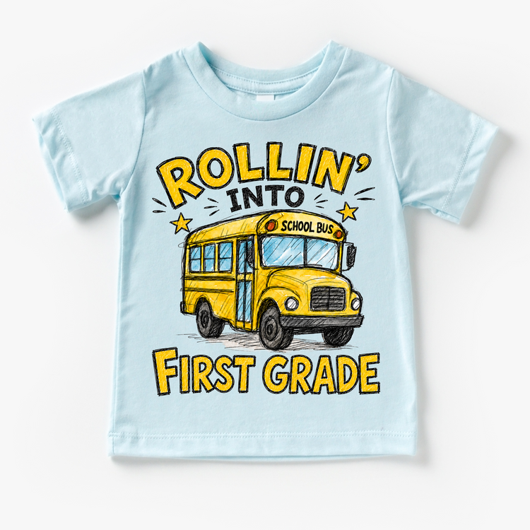 Rollin’ Into First Grade School Bus Kids Graphic Tee, Back To School Shirt for Boys and Girls