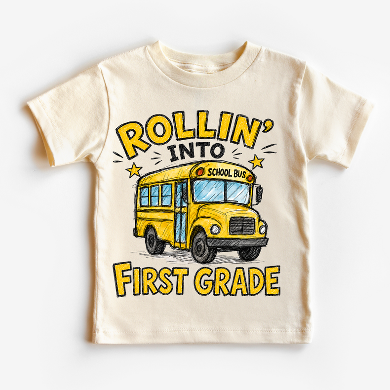 Rollin’ Into First Grade School Bus Kids Graphic Tee, Back To School Shirt for Boys and Girls