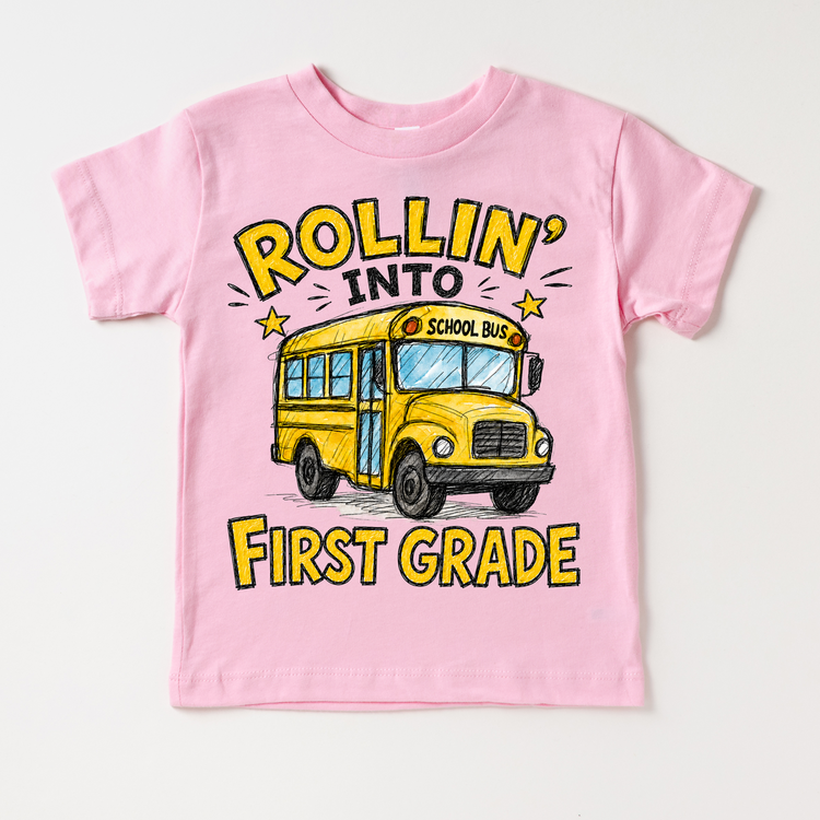 Rollin’ Into First Grade School Bus Kids Graphic Tee, Back To School Shirt for Boys and Girls