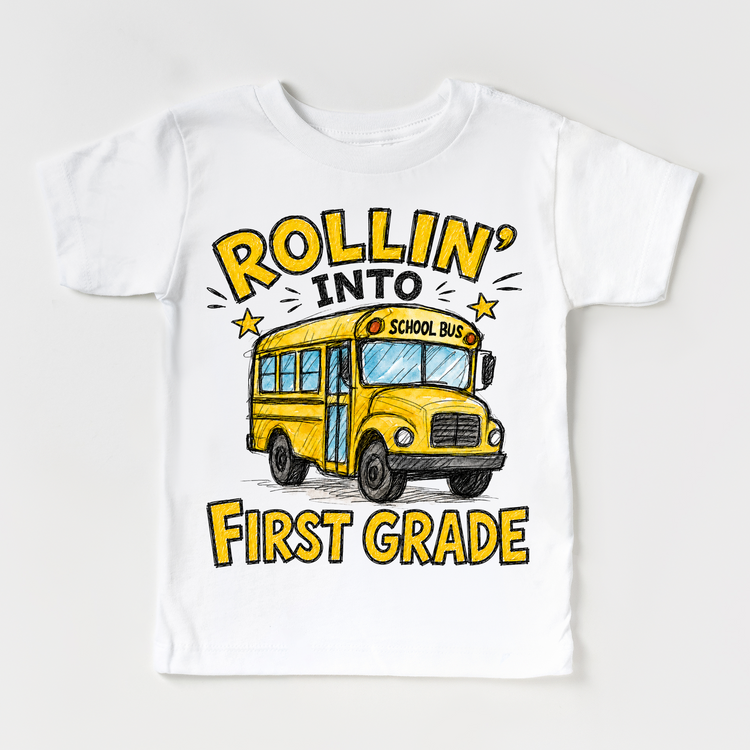Rollin’ Into First Grade School Bus Kids Graphic Tee, Back To School Shirt for Boys and Girls