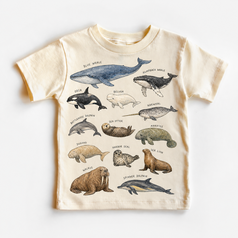 Marine Animals Graphic Tee, Ocean Life Educational Kids Shirt, Whale Dolphin Sea Otter Nature Tee