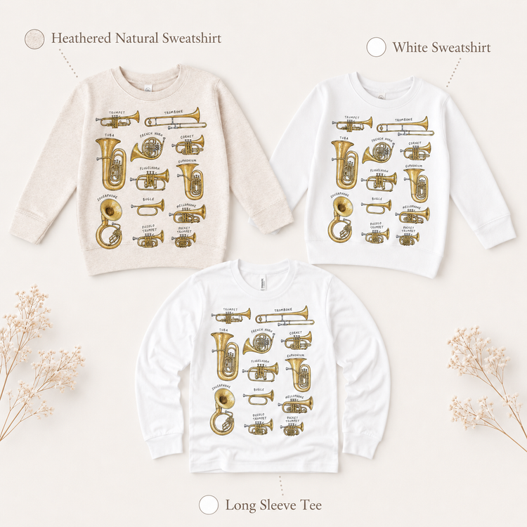 Brass Instruments Graphic Tee, Educational Music Shirt, Trumpet Trombone Tuba Band Teacher Tee