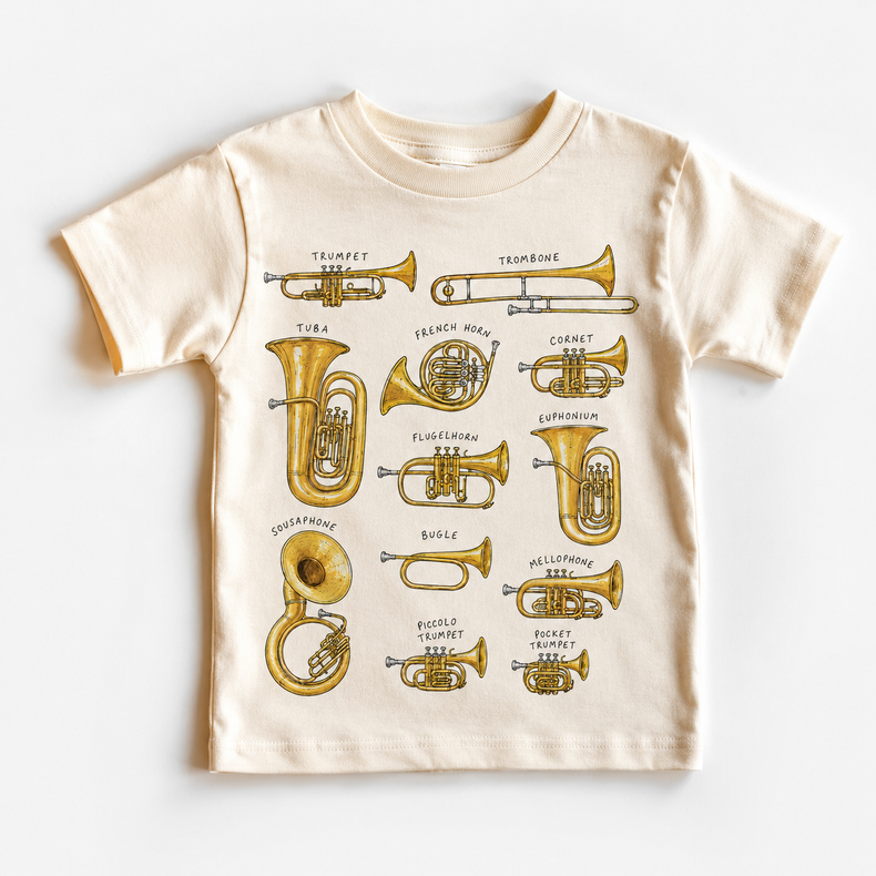 Brass Instruments Graphic Tee, Educational Music Shirt, Trumpet Trombone Tuba Band Teacher Tee