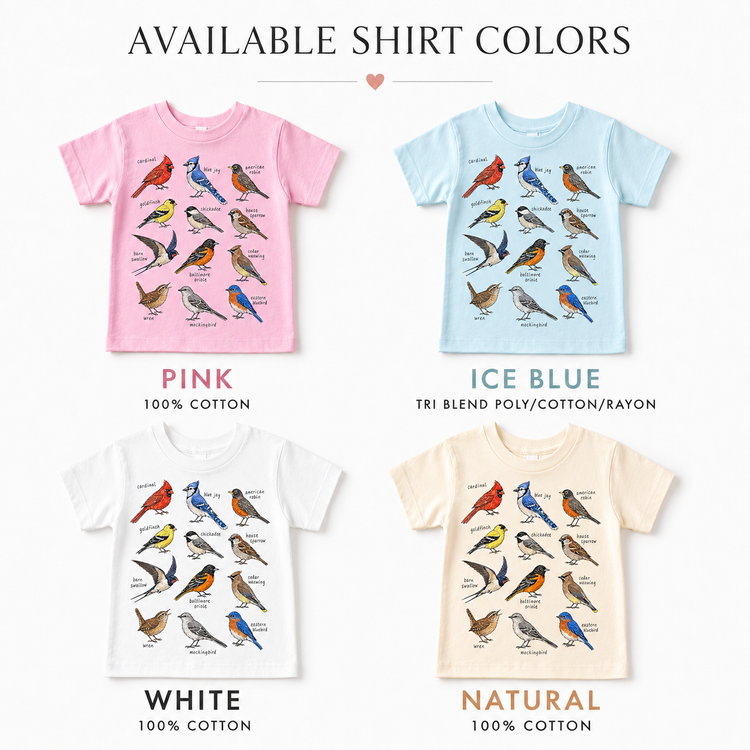 Backyard Birds Educational Shirt, Bird Species Chart Kids Tee, Cardinal Blue Jay Robin Nature Shirt