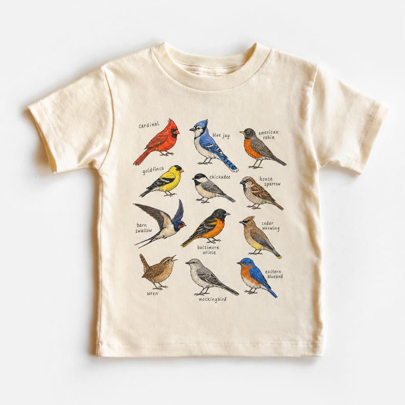 Backyard Birds Educational Shirt, Bird Species Chart Kids Tee, Cardinal Blue Jay Robin Nature Shirt