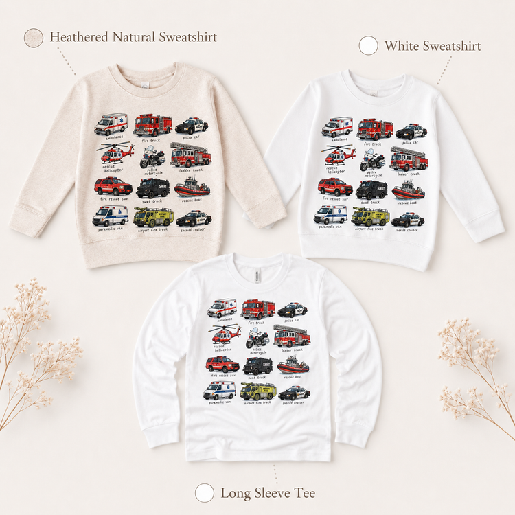 Emergency Vehicles Shirt, First Responder Kids Graphic Tee, Fire Truck Police Ambulance Shirt