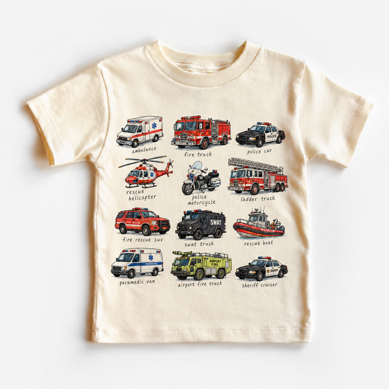 Emergency Vehicles Shirt, First Responder Kids Graphic Tee, Fire Truck Police Ambulance Shirt