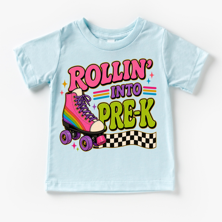 Rollin’ Into Pre-K Roller Skate Shirt, Girls Back To School Tee, Pre-k Grade First Day Of School Shirt, Retro Rainbow Skate Graphic Tee