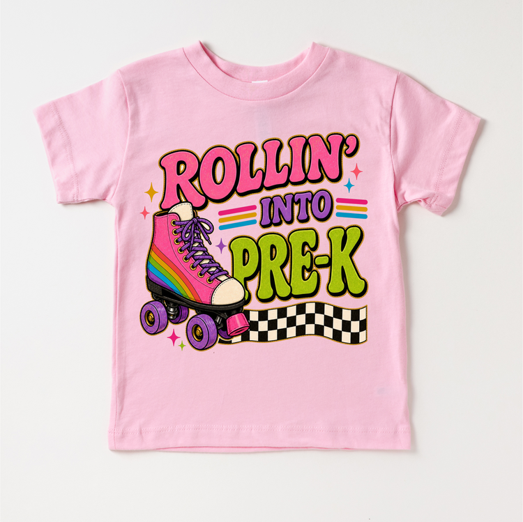 Rollin’ Into Pre-K Roller Skate Shirt, Girls Back To School Tee, Pre-k Grade First Day Of School Shirt, Retro Rainbow Skate Graphic Tee