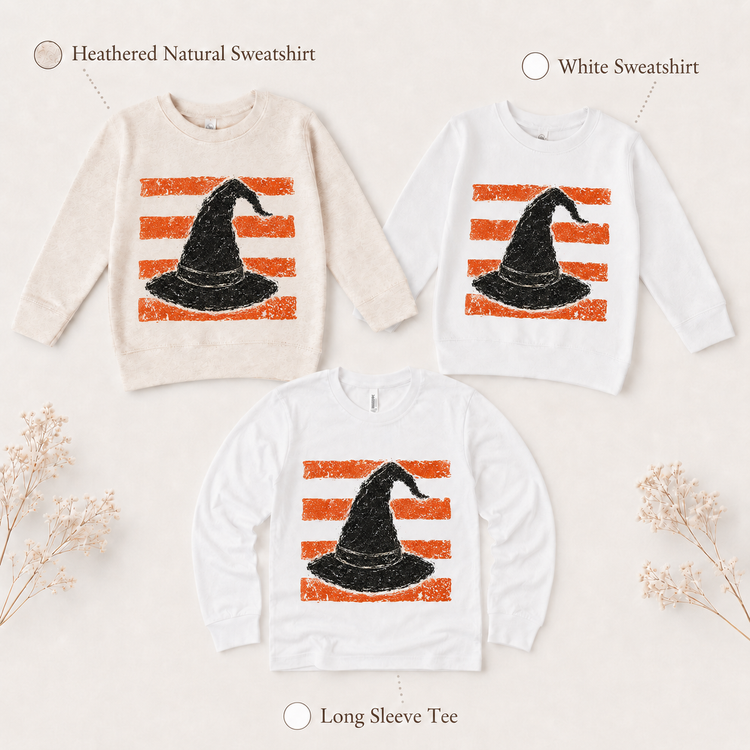 Halloween Witch Hat Graphic Tee, Vintage Orange Stripe Spooky Toddler Shirt, Fall Witchy Kids Tee