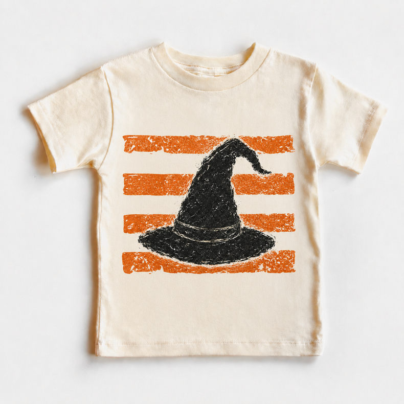 Halloween Witch Hat Graphic Tee, Vintage Orange Stripe Spooky Toddler Shirt, Fall Witchy Kids Tee