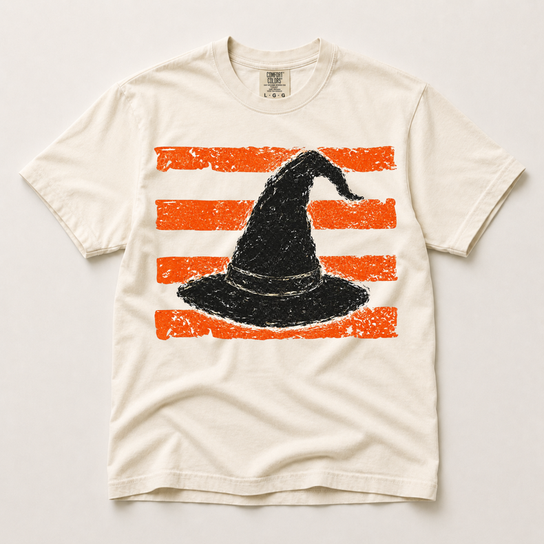 Vintage Witch Hat Halloween Graphic Comfort Color Tee – Distressed Orange Stripe Spooky Shirt