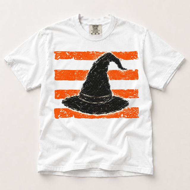Vintage Witch Hat Halloween Graphic Comfort Color Tee – Distressed Orange Stripe Spooky Shirt