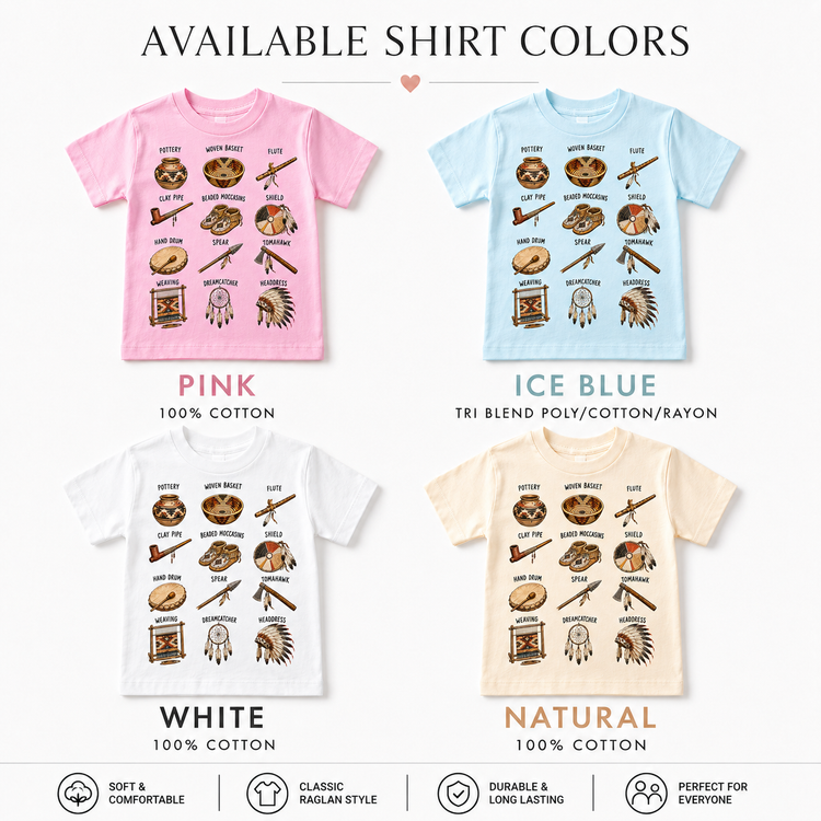 Indigenous Artifacts Educational Shirt, American Native Indian Culture History Graphic Tee, Pottery Basket Moccasin Kids Tee