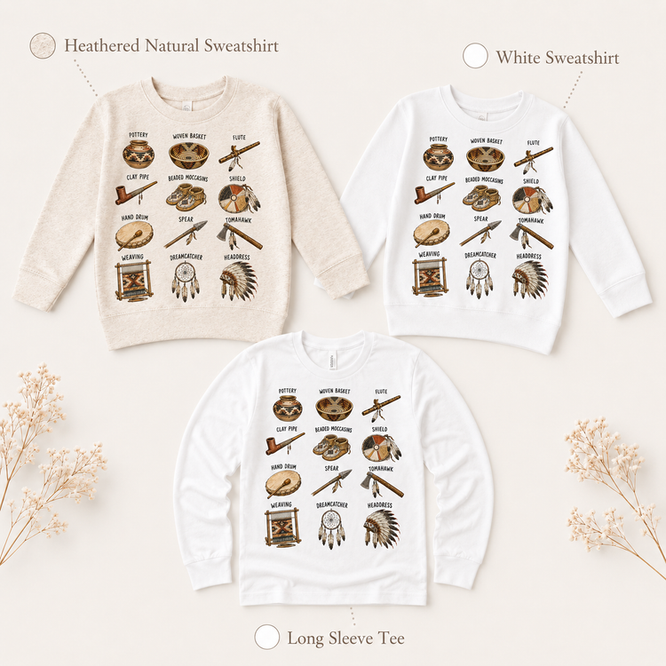 Indigenous Artifacts Educational Shirt, American Native Indian Culture History Graphic Tee, Pottery Basket Moccasin Kids Tee
