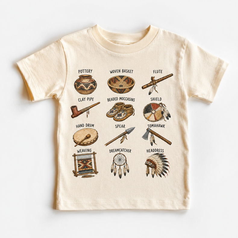 Indigenous Artifacts Educational Shirt, American Native Indian Culture History Graphic Tee, Pottery Basket Moccasin Kids Tee