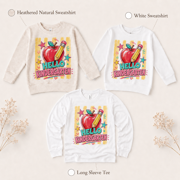 Hello Kindergarten Back to School Shirt | Apple Pencil First Day of School Tee | Kids Kindergarten Graphic T-Shirt