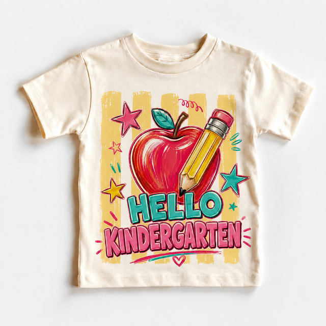 Hello Kindergarten Back to School | Apple Pencil First Day of School | Kids Kindergarten graphic T-shirt by Madi Moosh