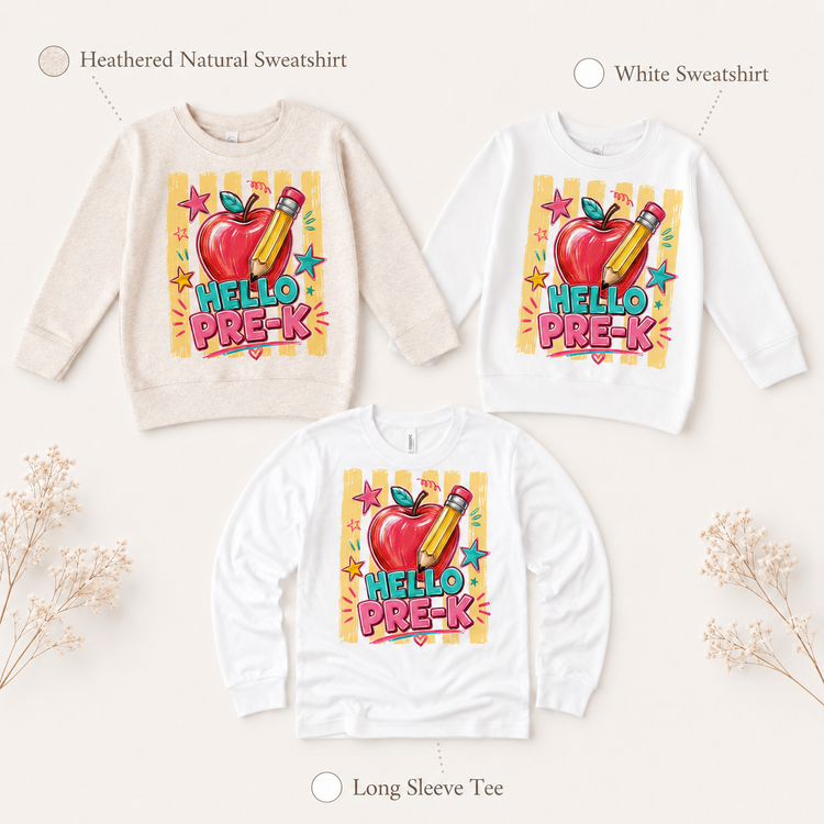 Hello Pre-K Back to School Shirt | Apple Pencil First Day of School Tee | Kids School Graphic T-Shirt
