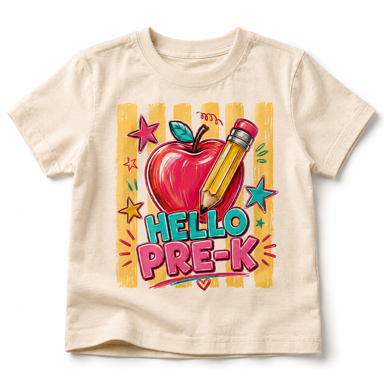 Hello Pre-K Back to School Shirt | Apple Pencil First Day of School Tee | Kids School Graphic T-Shirt