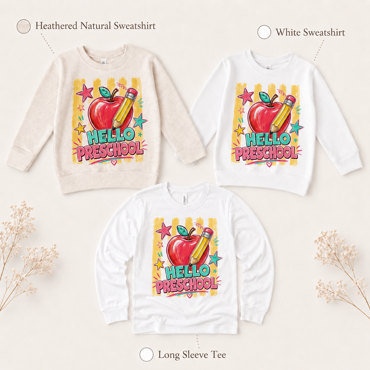 Hello Preschool Back to School Shirt | Apple Pencil First Day of School Tee | Kids School Graphic T-Shirt