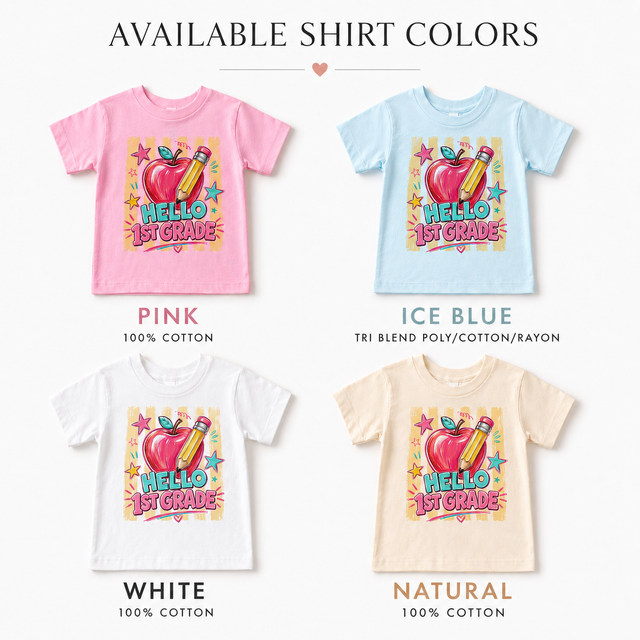 Hello First Grade Back to School Shirt | Apple Pencil First Day of School Tee | Kids 1st Grade School Graphic T-Shirt