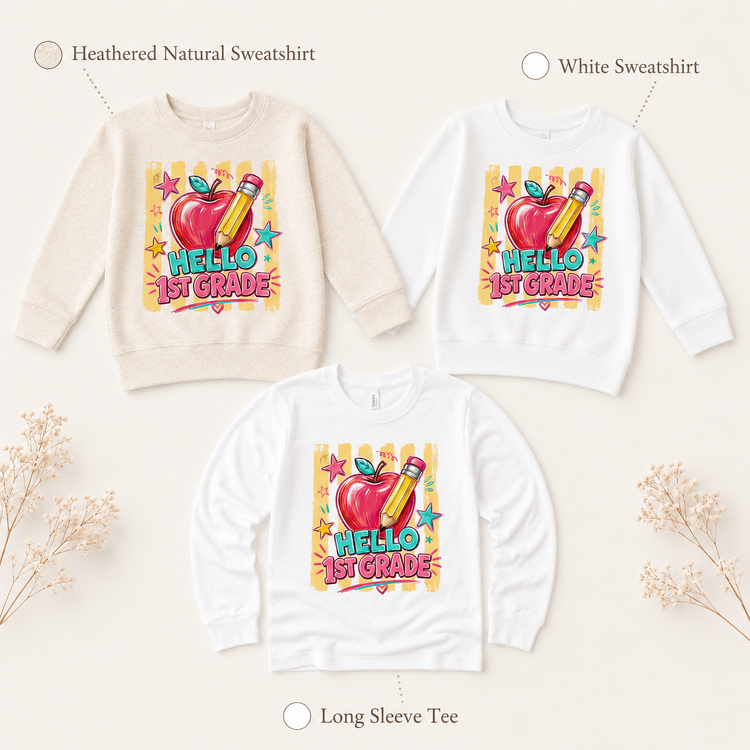 Hello First Grade Back to School Shirt | Apple Pencil First Day of School Tee | Kids 1st Grade School Graphic T-Shirt