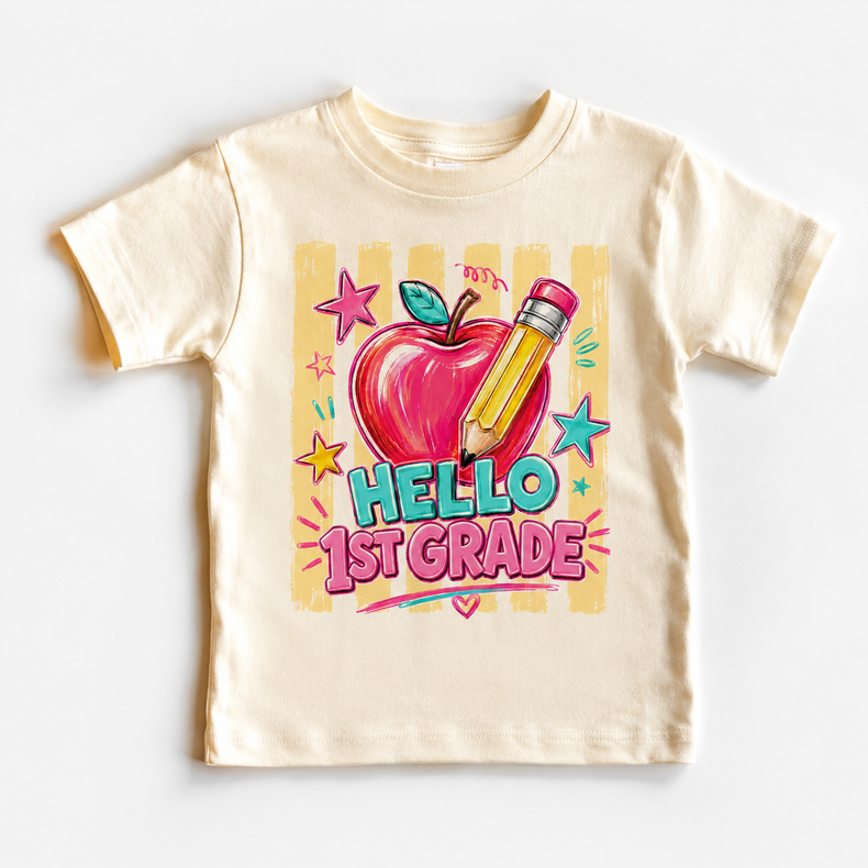 Hello First Grade Back to School Shirt | Apple Pencil First Day of School Tee | Kids 1st Grade School Graphic T-Shirt