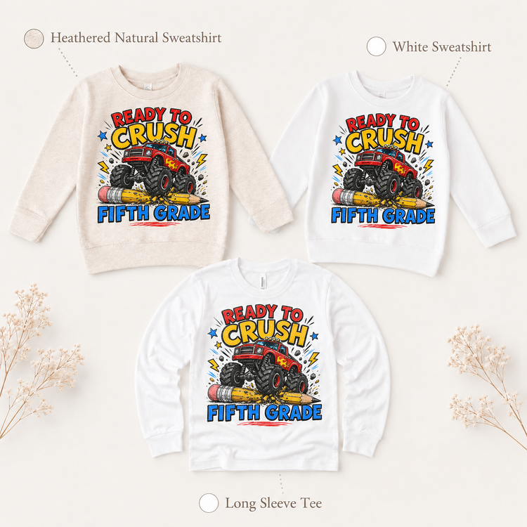 Ready To Crush Fifth Grade Kids Graphic Tee, Monster Truck Back To School Shirt, Boys First Day Of School T-Shirt