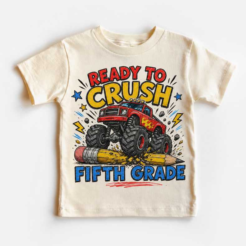 Ready To Crush Fifth Grade Kids Graphic Tee, Monster Truck Back To School Shirt, Boys First Day Of School T-Shirt