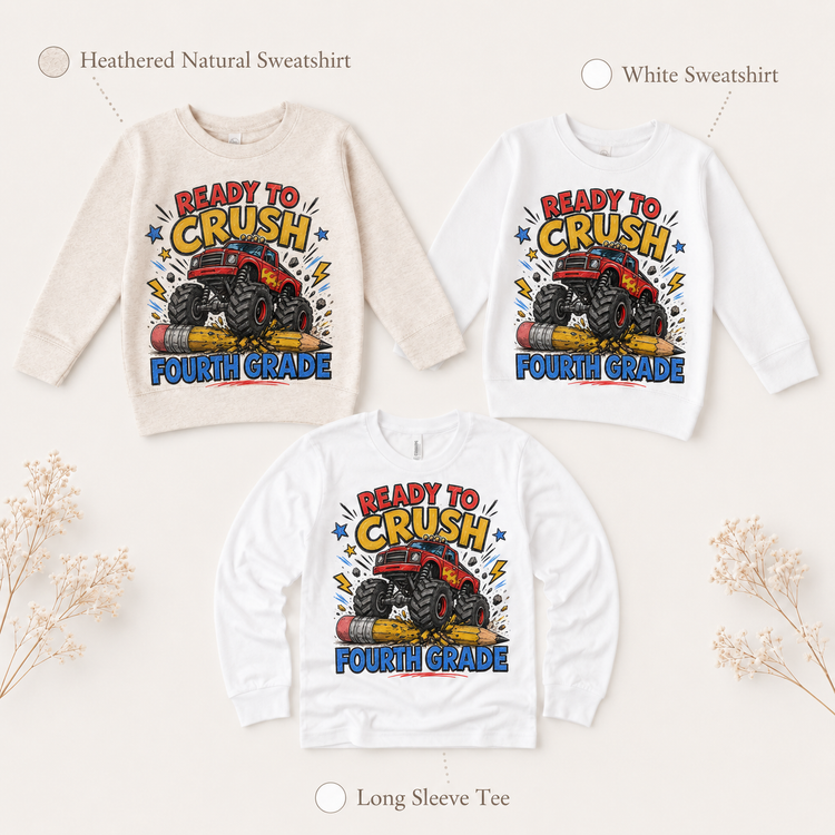 Ready To Crush Fourth Grade Kids Graphic Tee, Monster Truck Back To School Shirt, Boys First Day Of School T-Shirt