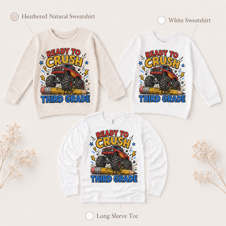 Ready To Crush Third Grade Kids Graphic Tee, Monster Truck Back To School Shirt, Boys First Day Of School T-Shirt