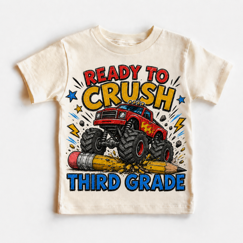 Ready To Crush Third Grade Kids Graphic Tee, Monster Truck Back To School Shirt, Boys First Day Of School T-Shirt