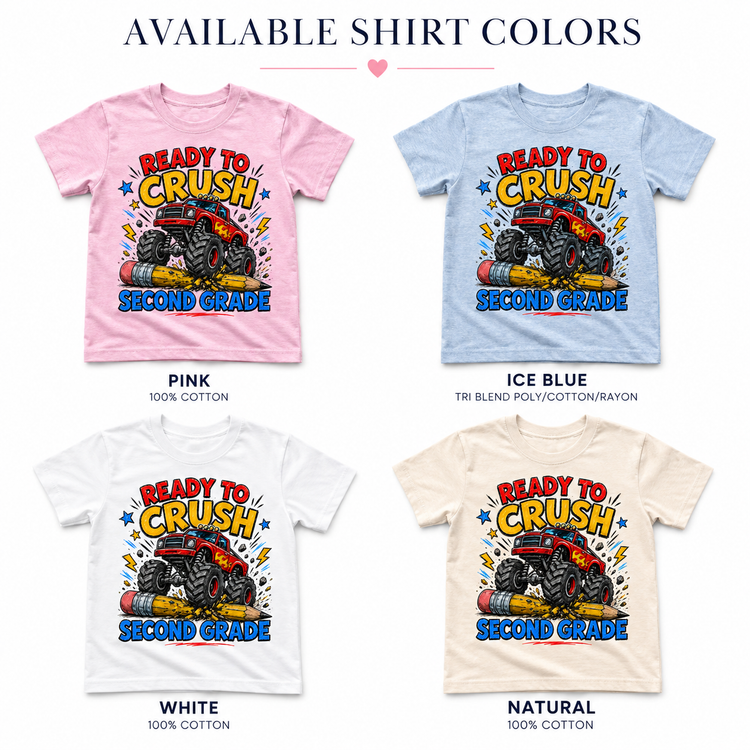 Ready To Crush Second Grade Kids Graphic Tee, Monster Truck Back To School Shirt, Boys First Day Of School T-Shirt