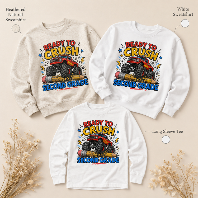 Ready To Crush Second Grade Kids Graphic Tee, Monster Truck Back To School Shirt, Boys First Day Of School T-Shirt