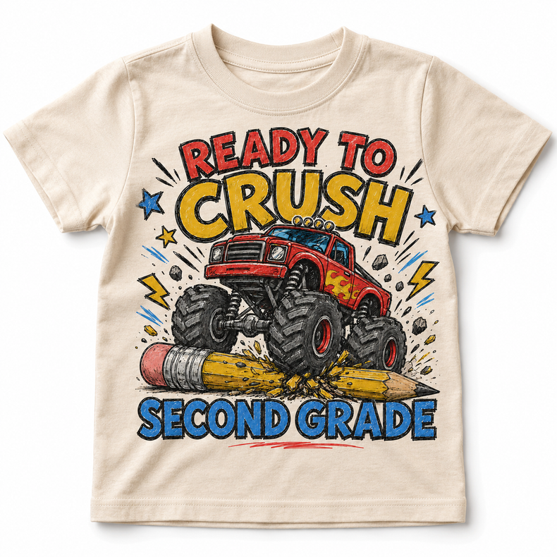 Ready To Crush Second Grade Kids Graphic Tee, Monster Truck Back To School Shirt, Boys First Day Of School T-Shirt