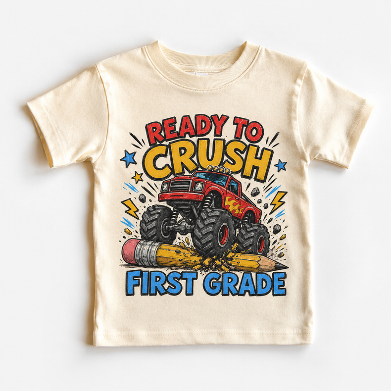Ready To Crush FIrst Grade Kids Graphic Tee, Monster Truck Back To School Shirt, Boys First Day Of School T-Shirt