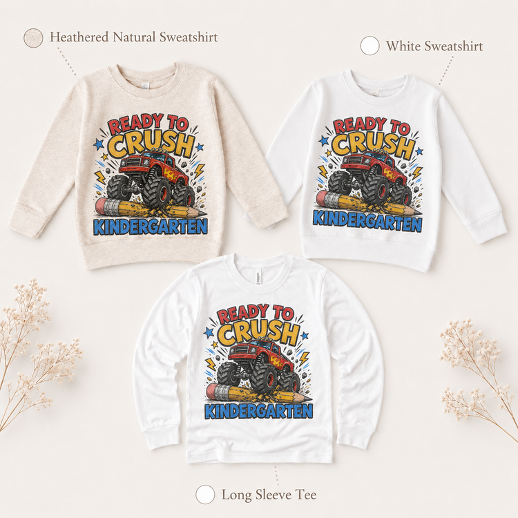 Ready To Crush KIndergarten Kids Graphic Tee, Monster Truck Back To School Shirt, Boys First Day Of School T-Shirt
