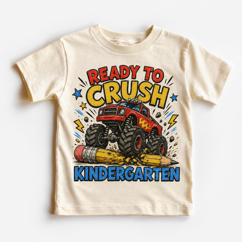 Ready To Crush KIndergarten Kids Graphic Tee, Monster Truck Back To School Shirt, Boys First Day Of School T-Shirt