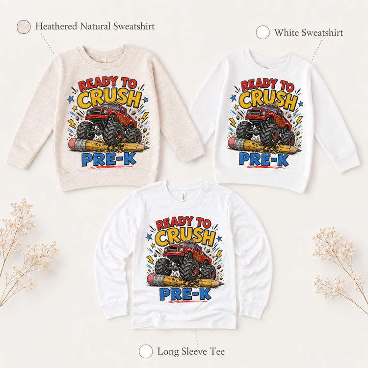 Ready To Crush Pre-K Kids Graphic Tee, Monster Truck Back To School Shirt, Boys First Day Of School T-Shirt