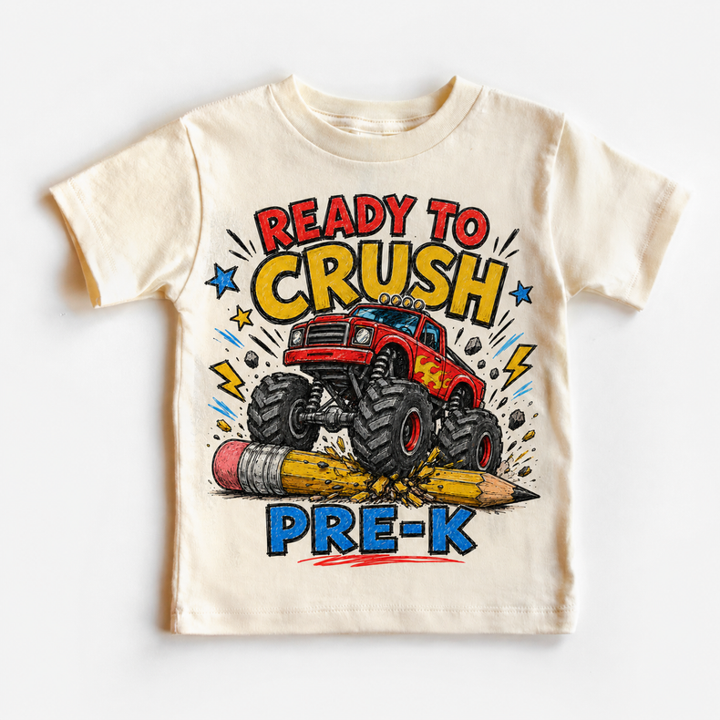Ready To Crush Pre-K Kids Graphic Tee, Monster Truck Back To School Shirt, Boys First Day Of School T-Shirt