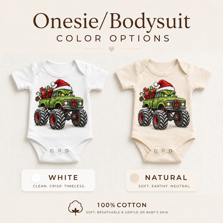 Green Grumpy Christmas Monster Truck Shirt for Kids baby bodysuit color options