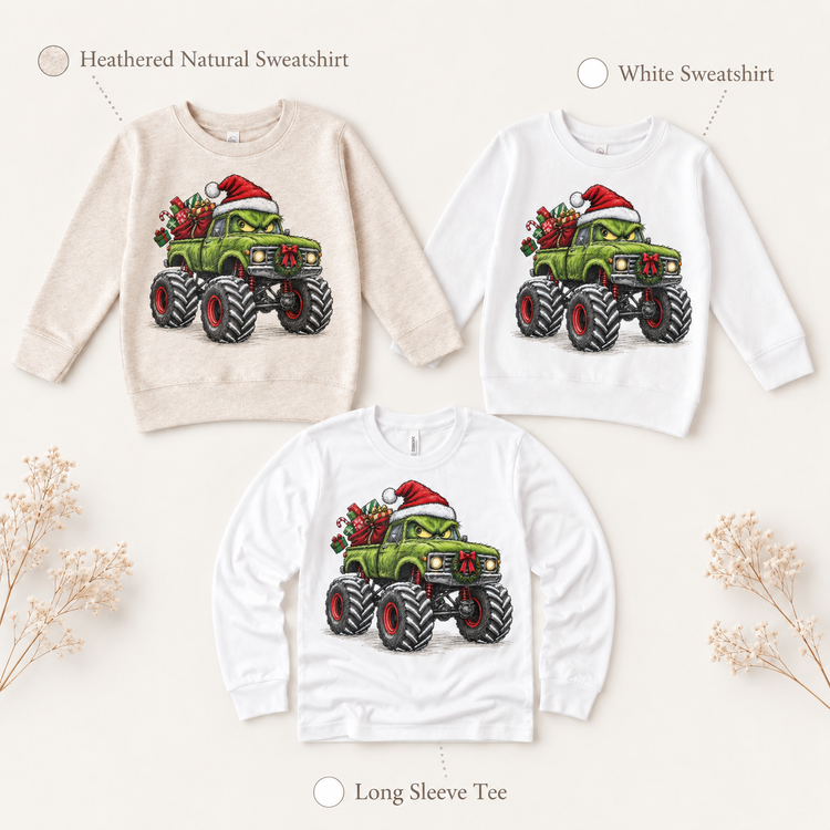 Green Grumpy Christmas Monster Truck Shirt for Kids long sleeve tee and sweatshirt options