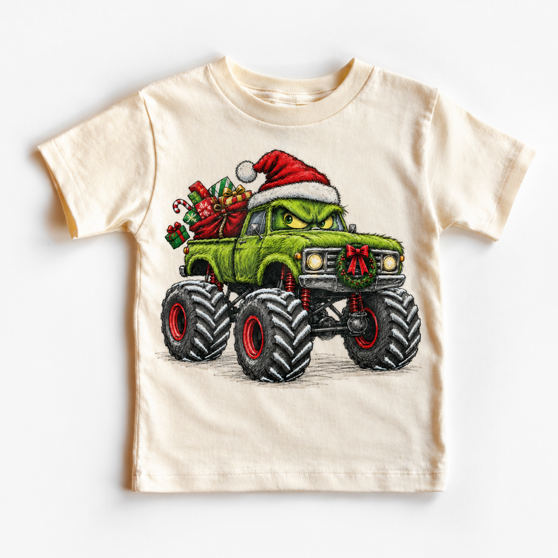 Green Grumpy Christmas Monster Truck Shirt for Kids natural short sleeve tee