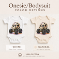Skull monster truck baby bodysuit options in white and natural