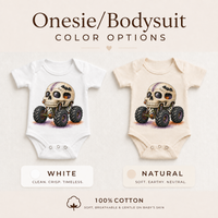 Skull monster truck baby bodysuit options in white and natural
